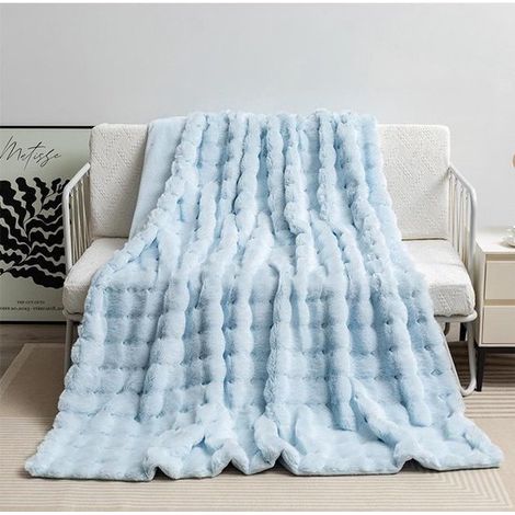 Plaid moelleux pour canapé - Couverture en fausse fourrure ultra douce, couverture mignonne pour femme, couverture légère et chaude pour lit, canapé ou fauteuil, bleu clair, 100 x 160 cm (1/5)