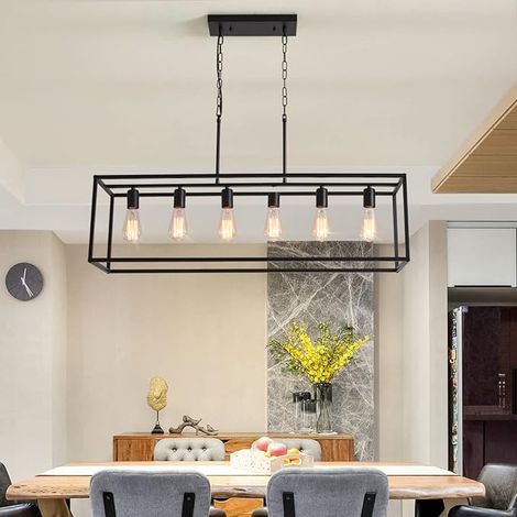 6 Light Rectangle Chandelier,Black Metal Linear Modern Pendant Lighting,Industrial Cage Kitchen Island Ceiling Light Fixture for Dining Room Kitchen (1/5)