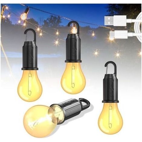 Set of 4 lamps LED rechargeable - Portable, waterproof, lantern with carabiner - Brightness adjustable, 3 modes of lighting - Bulb for adventure, fishing, garage (1/5)