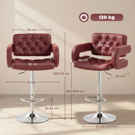 Tabouret de bar avec dossier et accoudoirs, réglable en hauteur, avec repose-pieds, en similicuir rouge. (1/5)
