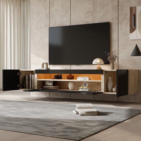 DESMIU Meuble TV mural avec 2 portes et 1 niche LED pour salon 180 × 37 × 36 cm (1/5)