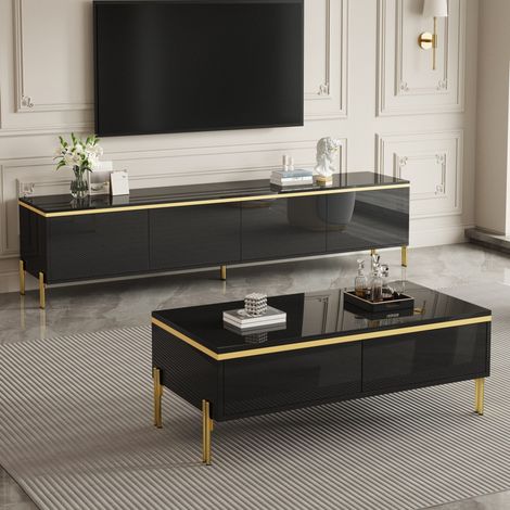 Meuble TV et table basse, finition brillante noire, détails dorés, grand rangement OKMYHOME (1/5)