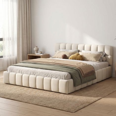 Lit adulte 160x200 avec sommier, lit double capitonné en lin, design nuage & cadre de lit bas, style scandinave moderne(160x200cm, Beige)