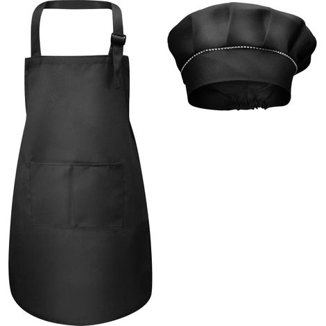 Kids Apron + Chef Hat, Kids Adjustable Kitchen Apron with Pockets for Cooking Baking Painting 4-12 Years Old (Black, L)