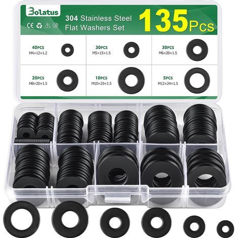 Lot de 135 rondelles plates en acier inoxydable Bolatus - 6 tailles - Rondelles de carrosserie M4, M5, M6, M8, M10, M12, pour vis et écrous (1/5)
