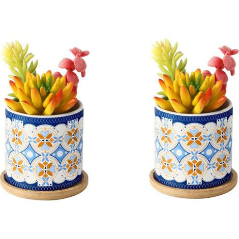 4 pots céramique multicolores succulentes 7,1cm perforés soucoupe bambou déco espace (1/5)
