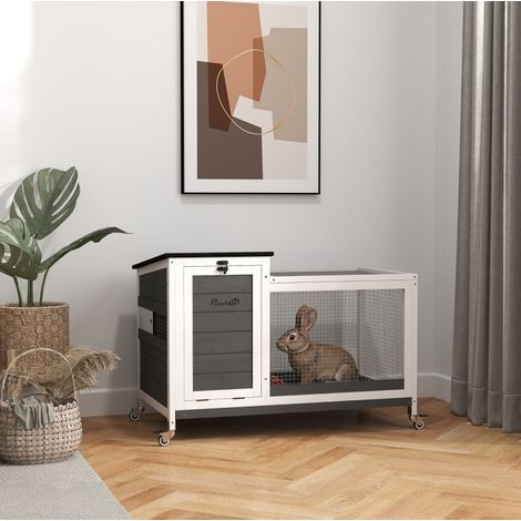 Conejera de madera con recinto, ruedas y techo abatible, 92 x 52 x 67 cm, gris oscuro HAVRYA (1/4)