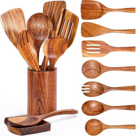 9 Stück Holz Kochbesteck Set mit Halter, Pfannenwender Kochlöffel Schöpfkelle Nudelheber Servierlöffel Sieb, Holzkochlöffel 100% aus Natürlichem Teakholz - Küchenhelfer Set