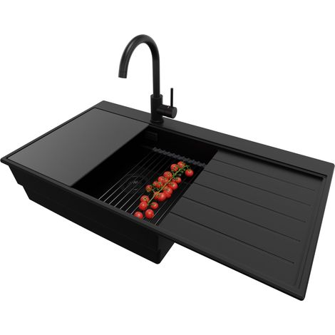 PRIMAGRAN Evier Cuisine en Granit 90x50cm,Lavabo 1 bac + Robinet 32x20cm + Kit de Vidage + Accessoires, Évier à Encastrer au meuble 60cm - Sydney, Tout Noir (1/5)