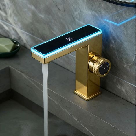 Robinet LED à Affichage Numérique Eau Chaude/Froide, Acier Inoxydable Doré - avec Éclairage (1/5)