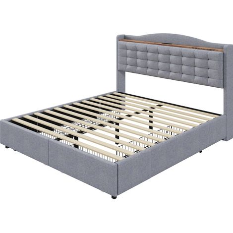 Lit rembourré 140200 cm, table de chevet avec port de charge USB et étagère, lit double plat avec 4 tiroirs, tissu en lin gris (1/5)