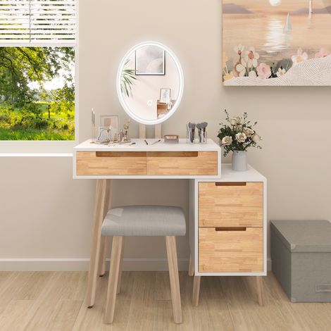 Dressing Table, Vanity Table Set, with Dimmable LED Light Mirror, Cushioned Stool, Cabinet, Wood, Bedroom Living Room, Home Furniture (1/5)