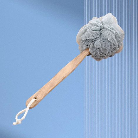Épingle de bain à long manche, éponge de bain, boule de gommage pour salle de bain et douche, grise (1/5)