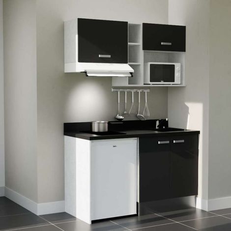 Kitchenette K13L - 140 cm - plan monobloc évier intégré Nero- évier à droite - Façades Noir + Electroménager inclus coloris Blanc
