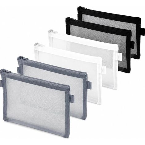 Lot de 3 trousses transparentes avec fermeture éclair, idéales pour ranger fournitures scolaires, cosmétiques, accessoires de voyage et comme pochette à main. 2 noires, 2 blanches, 2 grises. (1/5)