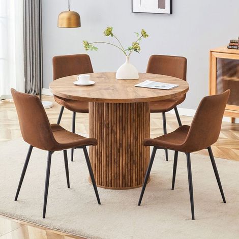 Table et Chaises de Salle à Manger 100 cm 4 Chaises Ronde MDF effet bois Tissu high-tech marron Assise élargie (1/5)