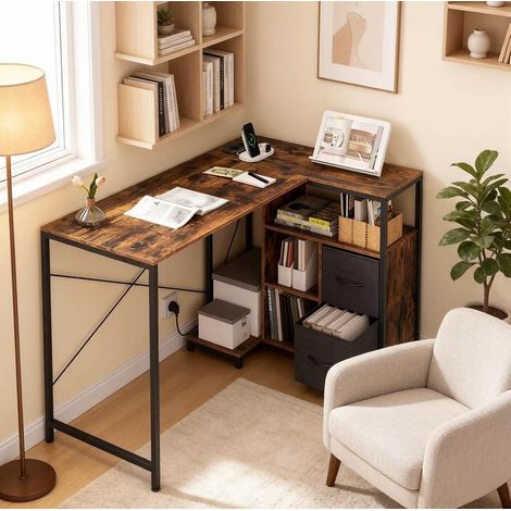 Bureau d'angle réversible 120x80x76 cm en bois brun vintage, avec rangement, pour bureau FloraGrace (1/4)