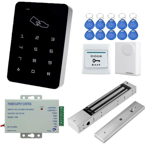 Full Kit de Clavier de Contrôle D'accès 125KHz EM ID RFID Lecteur de Proximité, 280kg/600lbs éTanche Serrure Magnétique éLectrique, Alimentation 110-240V 3A, Sonnette de Porte, Boutons, 10 Clés (1/5)