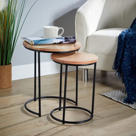 Nest 2 Tables Round Acacia Wood Tables Iron Legs Home Compact Furniture Storage (1/5)