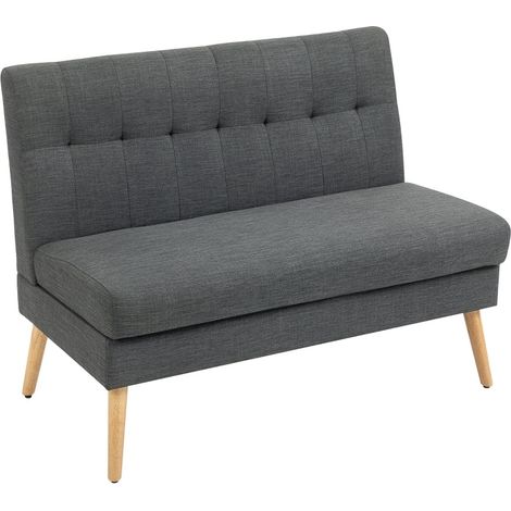Sofá de 2 plazas gris oscuro con respaldo capitoné y patas de madera (1/5)