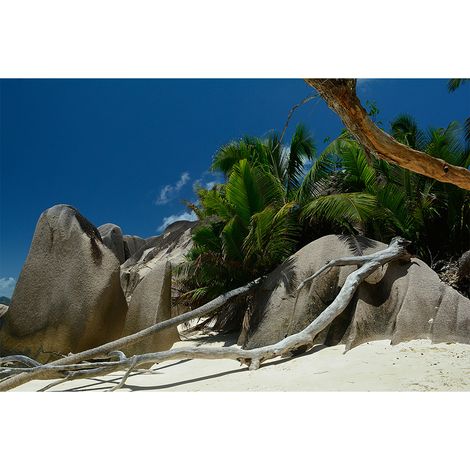 Papier peint panoramique beige, vert et bleu Tapisserie panoramique paysage Seychelles pour bureau Papier peint panoramique plage (1/2)