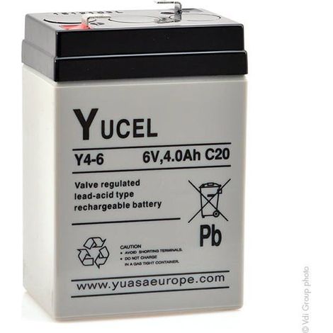 Yucel – Batterie plomb AGM 6V 4Ah étanche – Technologie absorbée pour systèmes d'alarme – Dimensions 70x48x105mm – Poids 0,7kg