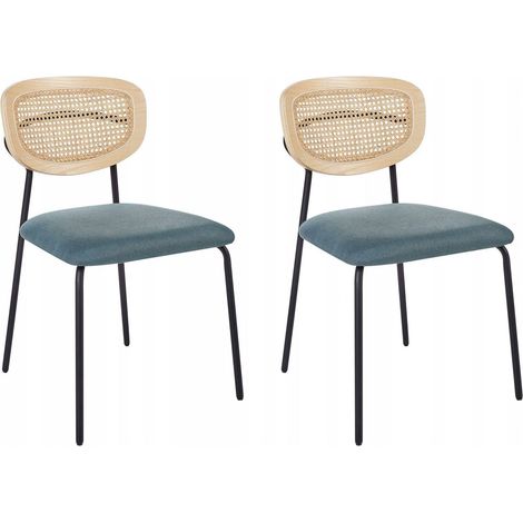 Lot de 2 Chaises Moderne Dossier Rotin Tressé Viennois Sans Accoudoirs Polyester Pieds Noirs Salle à Manger Bleu Mayetta (1/3)
