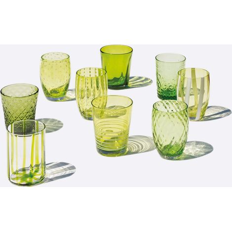 Zafferano Melting Pot Set 6 Bicchieri Monocolore - Verde - Vetro Soffiato a Mano, 32 cl - Tumbler Artigianali per Acqua e Cocktail