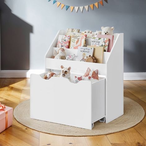 Bibliothèque pour enfants à 3 compartiments, étagère à jouets, coffre amovible avec roulettes, polyvalent, blanc nuage (1/5)