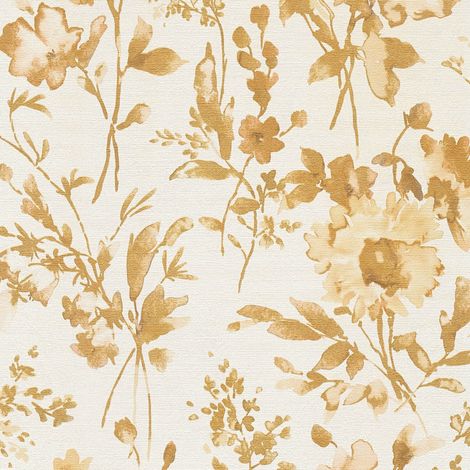 Papel pintado floral Profhome 790614 papel pintado vinílico estampado en caliente tejido non tejido ligeramente texturado con ornamentos florales y efecto metálico crema oro beige 5,33 m2