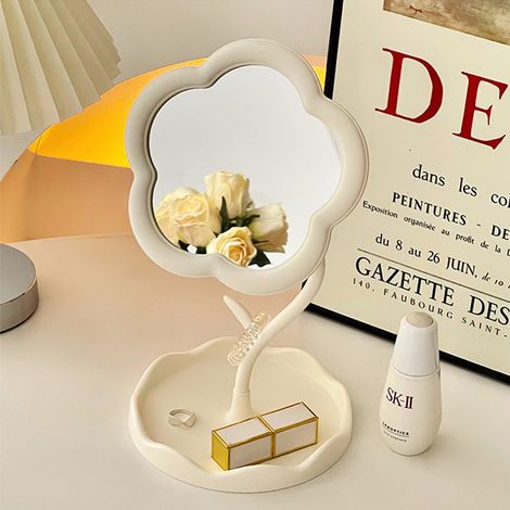 Miroir de coiffeuse en forme de fleur avec plateau de rangement — Miroir de maquillage de table à l'esthétique mignonne — Miroir de bureau réglable pour chambre, dortoir et décoration intérieure