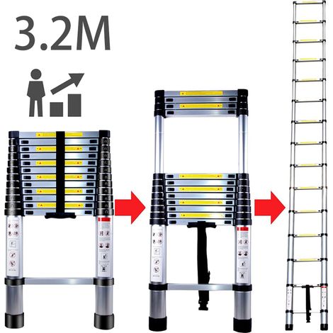 3.2M Scala Telescopica Multiuso Portatile Allungabile Pieghevole Scaletta Alluminio, Uso Domestico e Bricolage