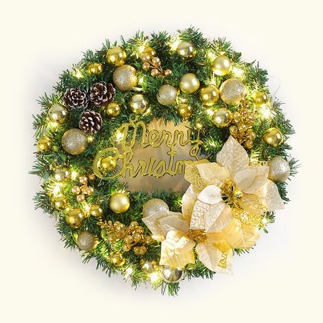 Weihnachtskranz mit LED-Lichtern, 40 cm, künstlichen Tannenzapfen, Türkranz mit der Aufschrift „Frohe Weihnachten“. Weihnachtliche Girlande zur Dekoration von Haustür, Kamin und Treppe. (1/4)