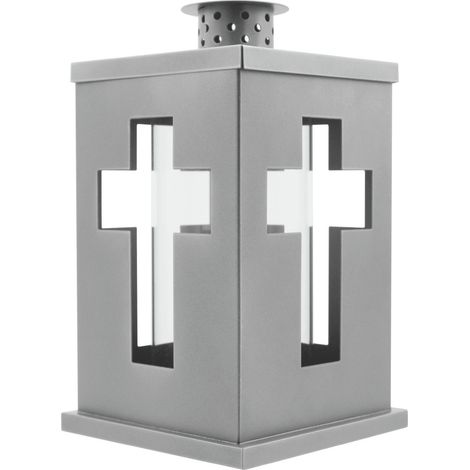 Grablaterne mit Kreuzmotiv aus Metall 13 x 21 cm silber Grabkerze