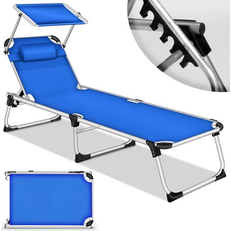 tillvex® Sonnenliege mit Dach und Kopfkissen Blau - Basic Polsterung Gartenliege Liegestuhl klappbar Strandliege mit verstellbarer Rückenlehne, gepolsterte Liegefläche Aluminium Liege