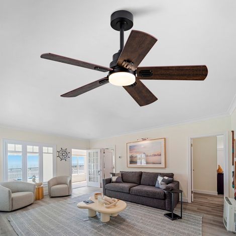 Ventilatore da soffitto 42 pollici con luce LED dimmerabile, 6 velocità e telecomando, finitura nero legno noce (1/5)