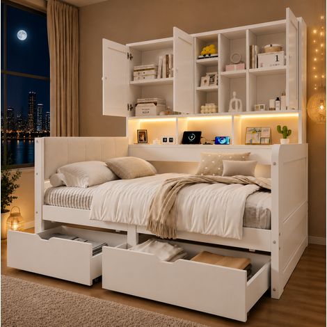 Kinderbett 90/200 cm in Weiß mit LED, USB und Stauraum (1/5)