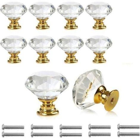 Poignée à trou unique 10 pièces, poignée de porte en cristal de diamant transparent, décoration d'armoire à tiroirs de meubles, avec vis (1/5)