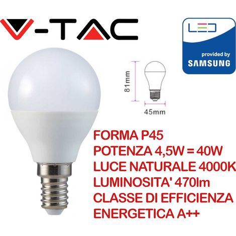 V-TAC VT-225 Lampadina Chip LED samsung 4,5W E14 P45 bianco naturale 4000K - SKU 265