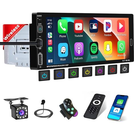 Autoradio 1 Din avec Android Auto sans Fil, 6,9" Écran Tactile avec Bluetooth, FM/RDS Radio, Lien Miroir, SWC, EQ, Type-C Charge, MIC, AUX, Caméra Arrière (1/5)