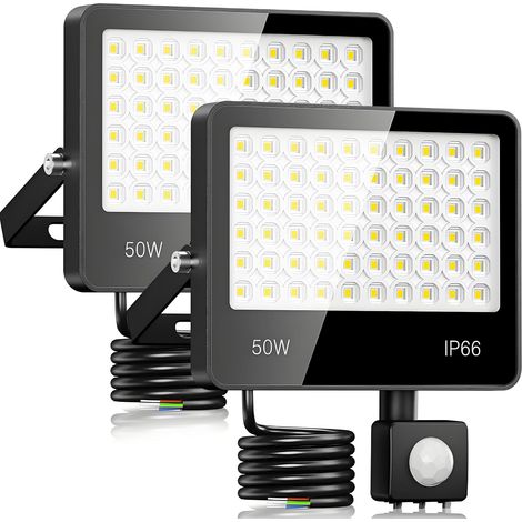 Projecteur LED Exterieur Detecteur De Mouvement 50W - 2 PACK 5000LM 6500K Blanc Froid Spot LED Extérieur Detecteur De Mouvement, IP66 Étanche Eclairage Exterieur pour Cours, Jardins, Garages (1/5)