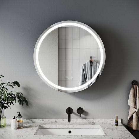 SIRHONA Armoire de toilette ronde à LED avec prise rasoir désembuage 3 modes d'éclairage 600x600mm Armoire murale de salle de bain — vue 2