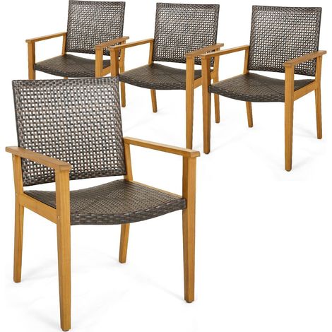 Patio Dining Chairs Set of 4 Outdoor Acacia Wood & PE Wicker Chairs (1/5)