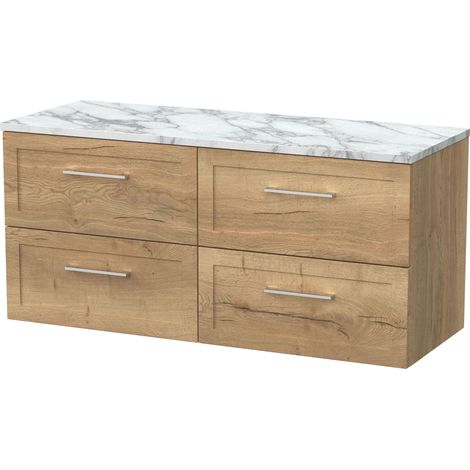 Stonnall Traditional Wall Hung 4 Drawer Vanity Unit with Laminate Worktop, 1200mm, Autumn Oak (1/4)