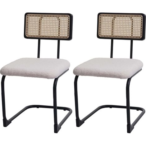 2er-Set Freischwinger-Stuhl HHG-712, Stuhl Lehnstuhl, Holz Rattan Metall Bouclé Stoff/Textil weiß
