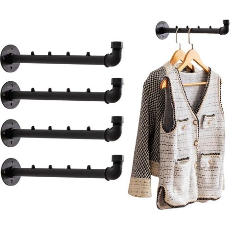 Cintre mural de style industriel - Cintre en métal robuste avec crochets, cintre mural, cintre mural/tringle à vêtements, lot de 4, 40 cm (1/5)