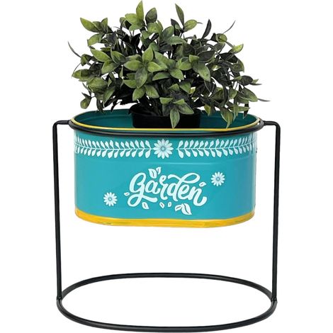 DanDiBo Blumenhocker mit Topf Metall Stehend Blau Oval 27 cm Blumenständer 96526 M Blumensäule Modern Pflanzenständer Pflanzgefäß