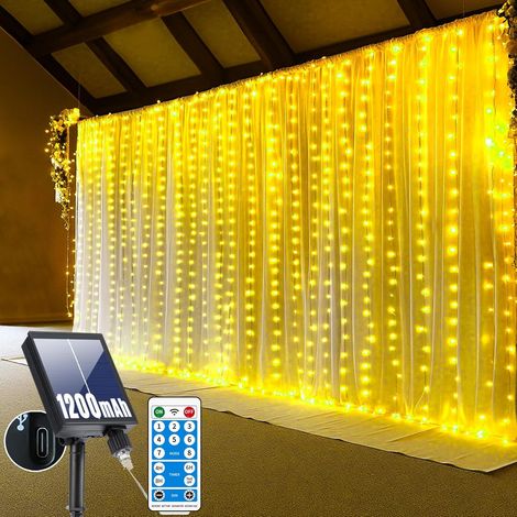 Rideau lumineux, 3 x 3 m, 300 LED, 8 modes, guirlande solaire, pour l'extérieur, alimentation USB, étanche IP65, avec télécommande, minuterie et fonctions de mémoire, blanc