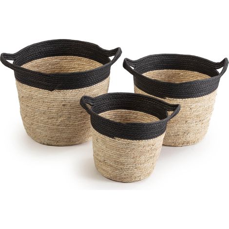 Set de 3 cestas Otilia de fibra natural y papel, negro/beige con asas