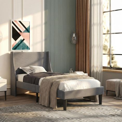 FurnitureR Grey Linen Single Bed 3FT with Winged Headboard and Slats (1/5)